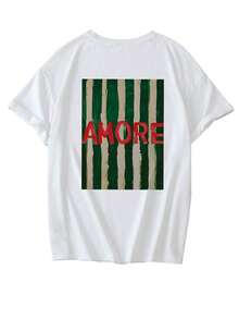 夏季新款时尚条纹英文字母印花休闲圆领白色短袖T恤，时尚百搭女士日常穿搭 - 白色 - 查看 3