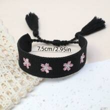 1 Stück handgefertigtes besticktes Blumen Kirschblüten geflochtenes verstellbares Boho Quasten Armband, geeignet für Freunde, Familie, Studenten, Urlaubsgeschenke, Partys, Reisen, Hochzeitsbekleidung