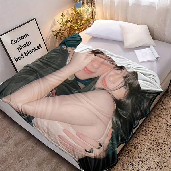 1pc Customizable Photo Print Flannel Blanket - Personalized Wool Blanket With Printed Design, Machine Washable, Soft All-Season Bedspread, Suitable For Couples, Anniversary, Wedding, Valentine's Day Gift, Modern Home Decor, Personalized Throw, Best For Christmas, Simple, Custom, Personalized, Unique, Ideal Gifts For Him, For Anniversaries, For Valentine's Day, For Graduation, For Father's Day, For Weddings, For Housewarming, Sofa, Bed, Car, Tea Room, Bedroom, Bathroom, Living Room, Dining Room