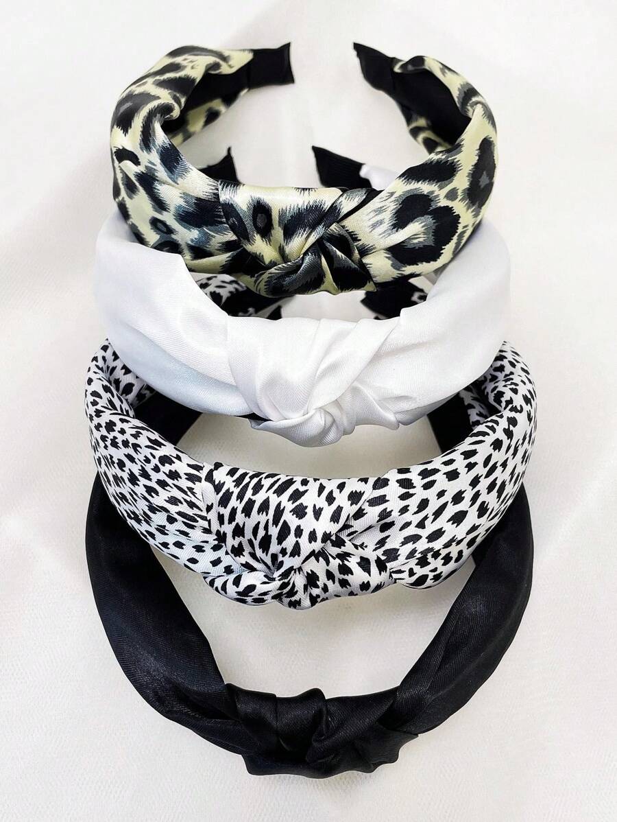 4pcs/Set Women Solid & Leopard Print Floral Fabric Twist Headband Fashion Hair Accessory, Suitable For Washing Face, Casual Street Wear ,Hair Hoop Hairband For Women