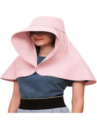 1 件夏季女士帽子户外防紫外线护颈遮阳帽钓鱼徒步大帽檐披肩防晒马尾帽纯色