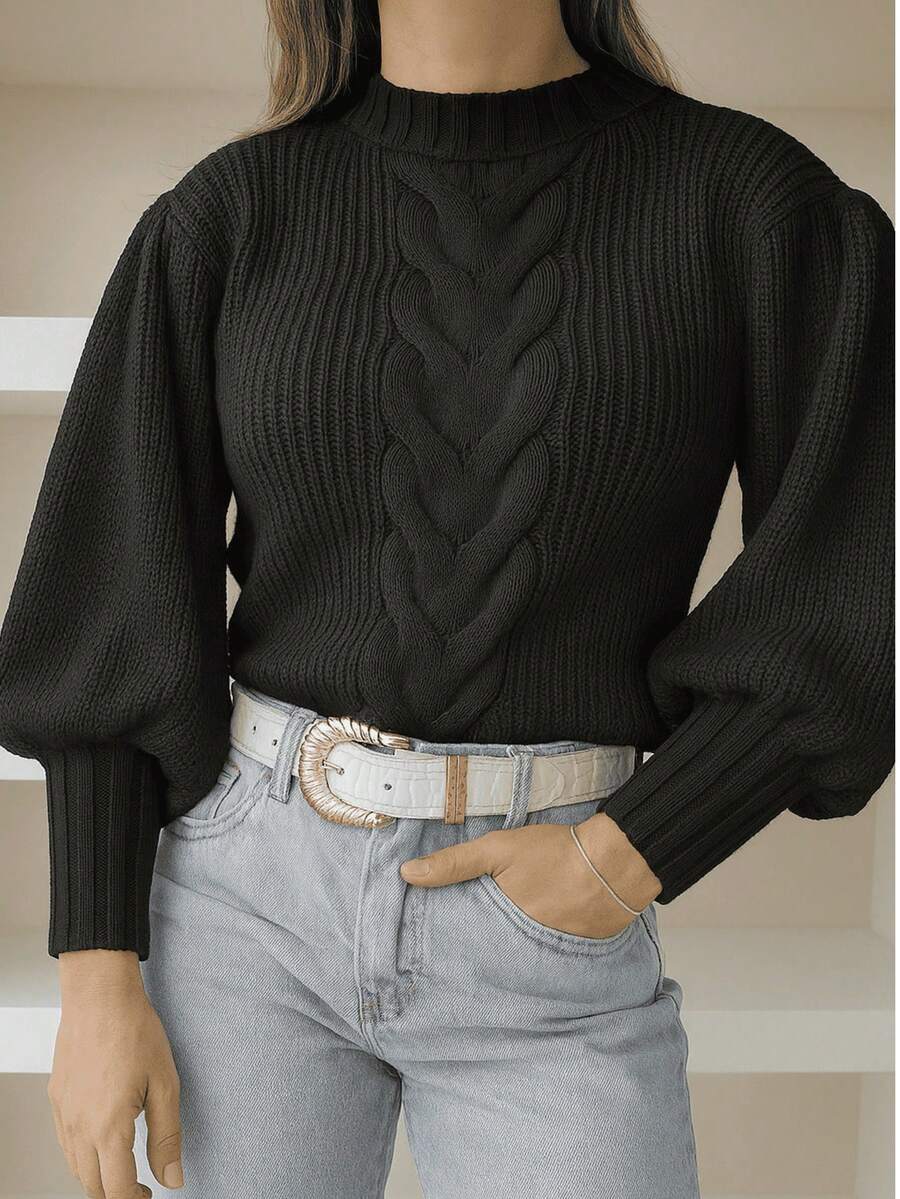 Women's Blogger Style Cold Weather Blouse With Braid 2025 Knitted Blouse With Puff Sleeves - 黑色 - 查看 1