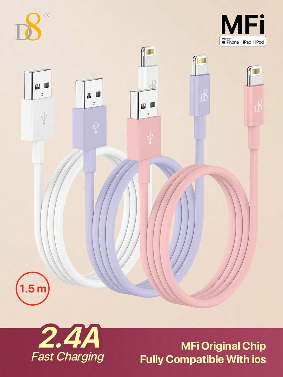 D8 充电器线，（3 件装 1.5 米）TPE USB A 转 Lightning] MFi 认证充电器线，USB 2.0 Lightning 充电器线，2.4A 快速充电兼容 14 Pro/13 Mini/13/12/11 Pro MAX/XR/XS/8/7/Plus/6S/SE/iPad