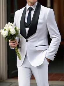 Furuyal 男士西装，绅士纯色修身三件套，包含西装外套、马甲和西裤，商务正式复古风格，白色，尺码 XS-3XL - 白色 - 查看 11