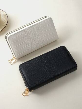 1PS 2025 New PU Crocodile Clutch Bag, Multi-Card Slot, Double Layer Large Capacity, Double Zipper Women's Wallet, Graduation Gift, Holiday Gift.