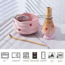5pcs Matcha Whisk Set, Cute Pink Heart/Cherry Blossoms Ceramic Matcha Bowl With Whisk Set, Japanese Tea Set Includes Matcha Bowl With Spout, Matcha Whisk Holder, Bamboo Matcha Whisk, Scoop, Sifter, Ceramic Matcha Kit For Tea Lovers