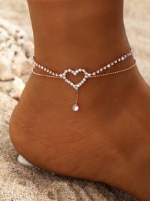 1pc Elegant Fashionable Sparkly Micro-Inlaid Water Rhinestone Multi-Layer Hollow Heart Water Drop Pendant Anklet For Women, Suitable For Festivals, Parties And Daily Outings