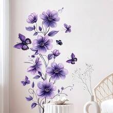 紫色花蝶墙贴，可移除花卉装饰，即撕即贴壁画墙贴，适用于客厅、卧室、玄关、走廊、沙发、电视背景墙、家居装饰 - 彩色 - 查看 1