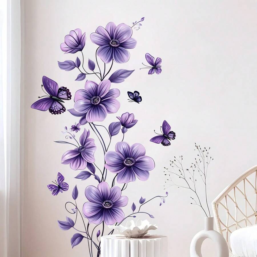 紫色花蝶墙贴,可移除花卉装饰,即撕即贴壁画墙贴,适用于客厅、卧室、玄关、走廊、沙发、电视背景墙、家居装饰 - 彩色 - 查看 1