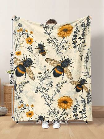 1pc Vintage Watercolor Style Floral Bee Daisy Botanical Insect Pattern Soft Plush Throw Blanket, Warm And All-Season, Suitable For Living Room, Sofa, Recliner, Bedroom, Car Travel, Camping, Office, Home Decor Gift