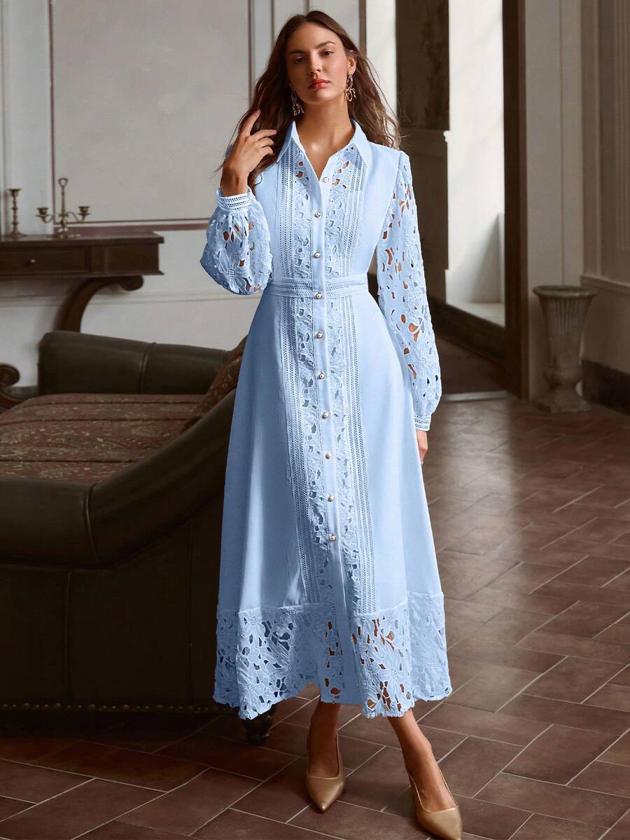 Simplee Women's Spring/Summer New Elegant Solid Color Hollow Lace Patchwork Button Decor Dress, Wedding Guest Dress, Vintage Style