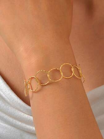 1 件简约不锈钢浮雕圆形链式金手链，适合女士，夏季