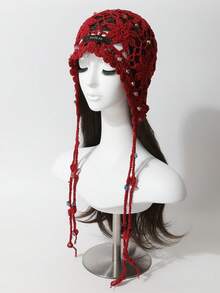 1 件女式波西米亚花卉流苏水晶珠手工针织帽、头巾头带、复古镂空无檐帽、百搭时尚 - 針織帽 - 查看 6