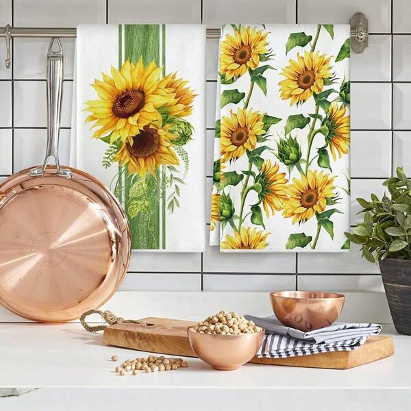 2 Stücke Sonnenblumen Design Küchen Spültücher, 45 x 70 cm Sommer Blumen Aquarellmuster Geschirrtuch, geeignet zum Kochen, Backen, Badezimmerreinigung, feuchte Abwischung im Sommer