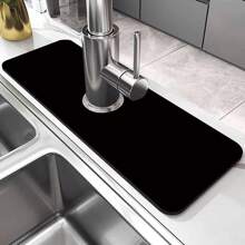1pc Black Printed Absorbing Mat, Stone Print Quick Drying Mat, Bottom Drain Absorbing Drying Mat For Bathroom, Kitchen, Tap, Office, Commercial, Farm, Home Water Taps Decor Mat
