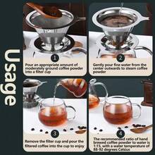 可重复使用的 304 不锈钢咖啡过滤器，双层咖啡滴滤漏斗，无需滤纸，重返校园 - 銀色 - 查看 4