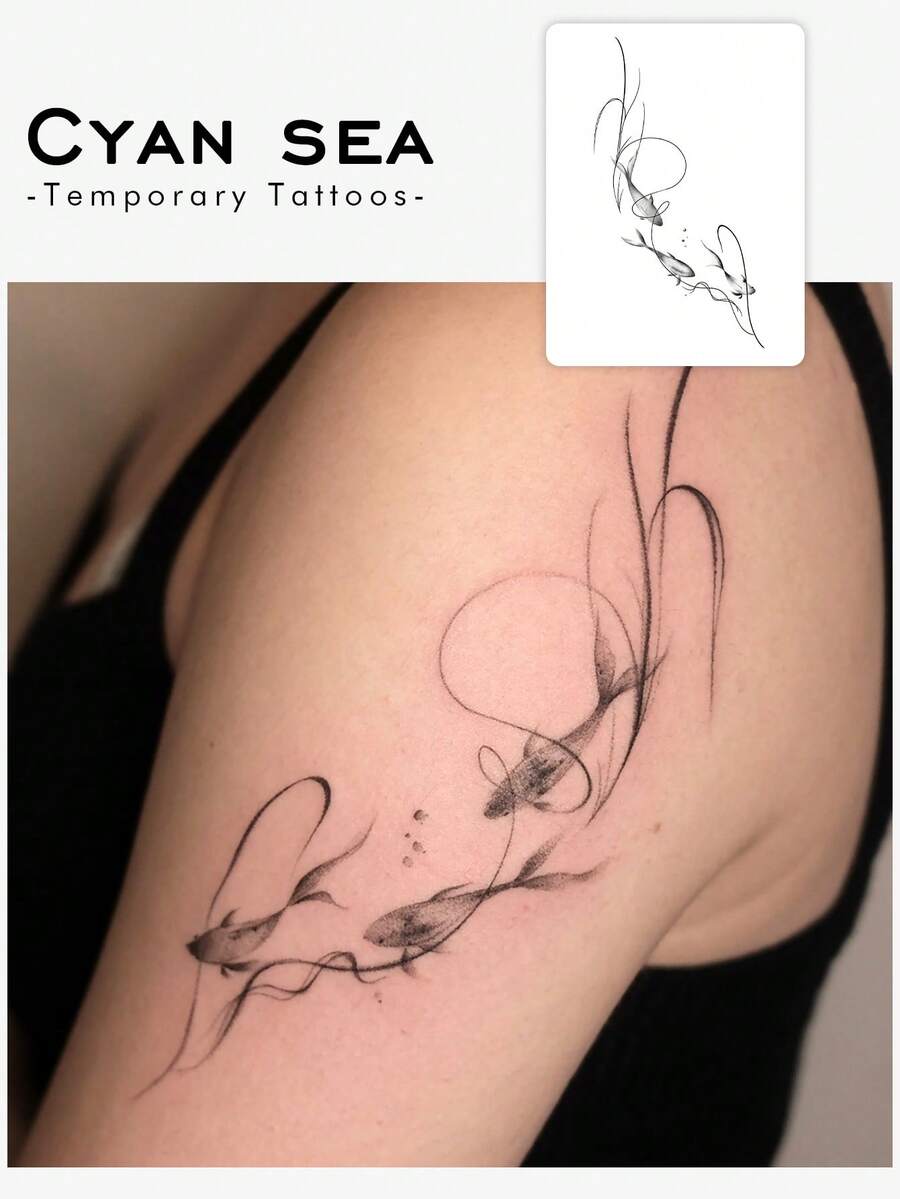 1 Stück Koi Fisch schwimmende Linienkunst temporäres Tattoo Aufkleber, sexy schwarze Tinte Design wasserfest schwitzfest Y2K minimalistisches temporäres Tattoo für Hände/Arme, geeignet für Frauen