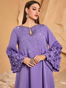 Solessence 女式手工 3D 花卉优雅前蝴蝶结珍珠串珠阿拉伯风格连衣裙，端庄 - 紫色 - 查看 3