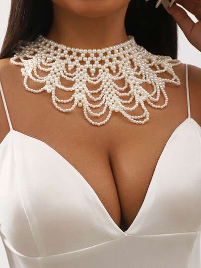 1件高领镂空仿珍珠波浪形手工串珠流苏项链，适合节日派对颈部装饰、连衣裙搭配、圣诞节装饰