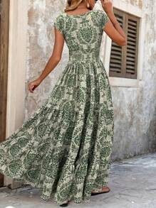 Women's Clothing Temperament V-Neck Short Sleeved Big Swing Dress