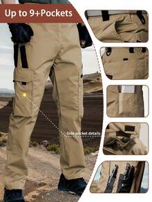 2Pcs Men's Solid & Camo Print Pockets Zipper Waterproof Tactical Cargo Pants Without Belt, Regular Fit Sporty Pockets Durability Trousers For Fall, Wear-Resistant Outdoor Training Pant For Men - kaki + xám - Xem 8