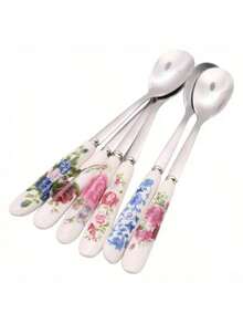 6/12pcs Floral Ceramic Handle Coffee Spoon Made Of Stainless Steel, Perfect For Mixing, Sugar, Honey, Ice Cream, And Soup, Practical For Office Afternoon Tea, Elegant Kitchen And Dining Accessories With Rose Pattern Design Back To School - Multicolor - View 8