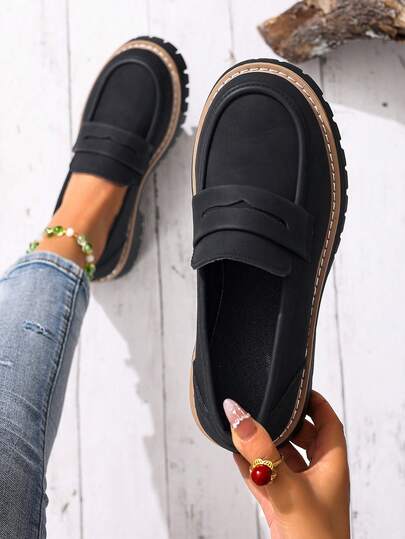 Sepatu Loafer Kasual Wanita Ujung Bulat, Sepatu Datar Sol Tebal Tanpa Tali, Hak Wedges