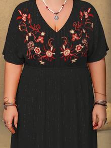 Rusttydustty Boho Kleid in Große Größen mit orangefarbener Blumenstickerei und Pailletten, perfekt für Ostern, Strand, Hawaii-Musikfestival und tropischen Urlaub - Schwarz - Übersicht 8