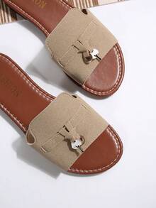 Khaki Open Toe Flat Sandals With Metal Tassel Decor, Matte Finish Strap Slip-On Beach Shoes, Elegant Casual Summer New Women Flat Sandals - Khaki - View 7