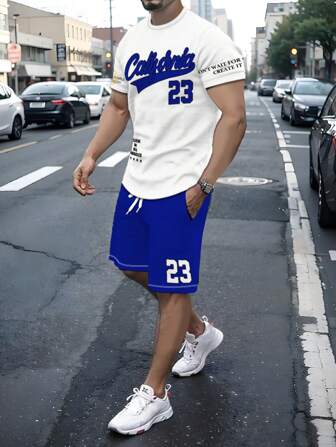 夏季男士简约设计短袖T恤和短裤套装，高品质宽松运动休闲套装