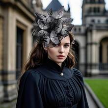 Organza Fascinators Hats - Monarch Tea Party Hat With Hairpin, 2025 Derby Headwear - màu đen - Xem 2