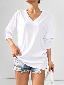 Playera casual dama mujer amplia holgada escote V manga corta bajo recto básica cómoda casual primavera verano calor día noche fiesta evento calle vacaciones comida jardín fresca - Blanco - Ver 1