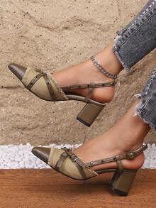 Sandalias con punta puntiaguda y remaches estilo gótico para mujeres, adecuadas para la playa, festival, boda, fiesta, oficina y uso en el hogar en verano, de tacón alto - Verde militar - Ver 3