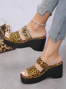 Plus Size Women's Wedge Thick Bottom Sandals, New Arrival Summer Fashion European And American Style Leopard Print, Rhinestone Round Buckle Platform High-Heel Sandals For Casual, Vacation, Party, Dating, Comfortable And Versatile, Waterproof