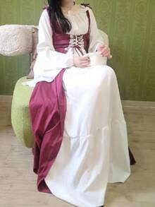 "Renaissance Style Elegant Lace-Up Corset Maxi Dress For Women - Vintage Medieval Gothic Ball Gown With Bell Sleeves For Theater, Cosplay And Formal Events" - 酒紅色 - 查看 6