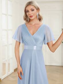EVERPRETTY Elegant Shiny V-Neck Ruffle Sleeve Light Blue Bridesmaid Dress, Suitable For Wedding Guests, Formal Dinners And Other Semi-Formal Occasions Spring - Baby Blue - View 6