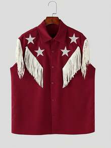 INCERUN Men Button Sleeveless Star Tassels Patchwork Holiday Shirt Casual Loose Tops Gothic Punk Summer Blouse - Red - View 3