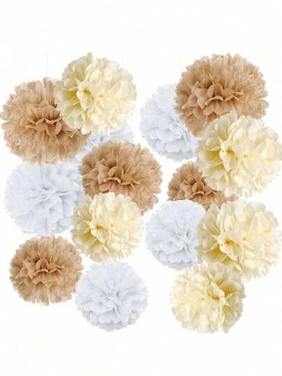 15pcs Boho Tissue Paper Pom Poms Champagne Neutral Party Decorations Creamy White Light Brown Paper Flowers For Wedding Birthday Engagement Receptions Boho Bridal Showers Party Supplies