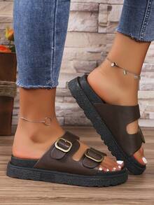 女士 PU 扣装饰凉鞋，棕色，厚底时尚女鞋，沙滩拖鞋 - 棕色 - 查看 5