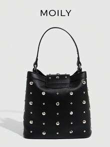 Sac seau style de rue européen et américain à une épaule, sac à rivets, élégant sac à main pour femmes - Noir - Voir 4