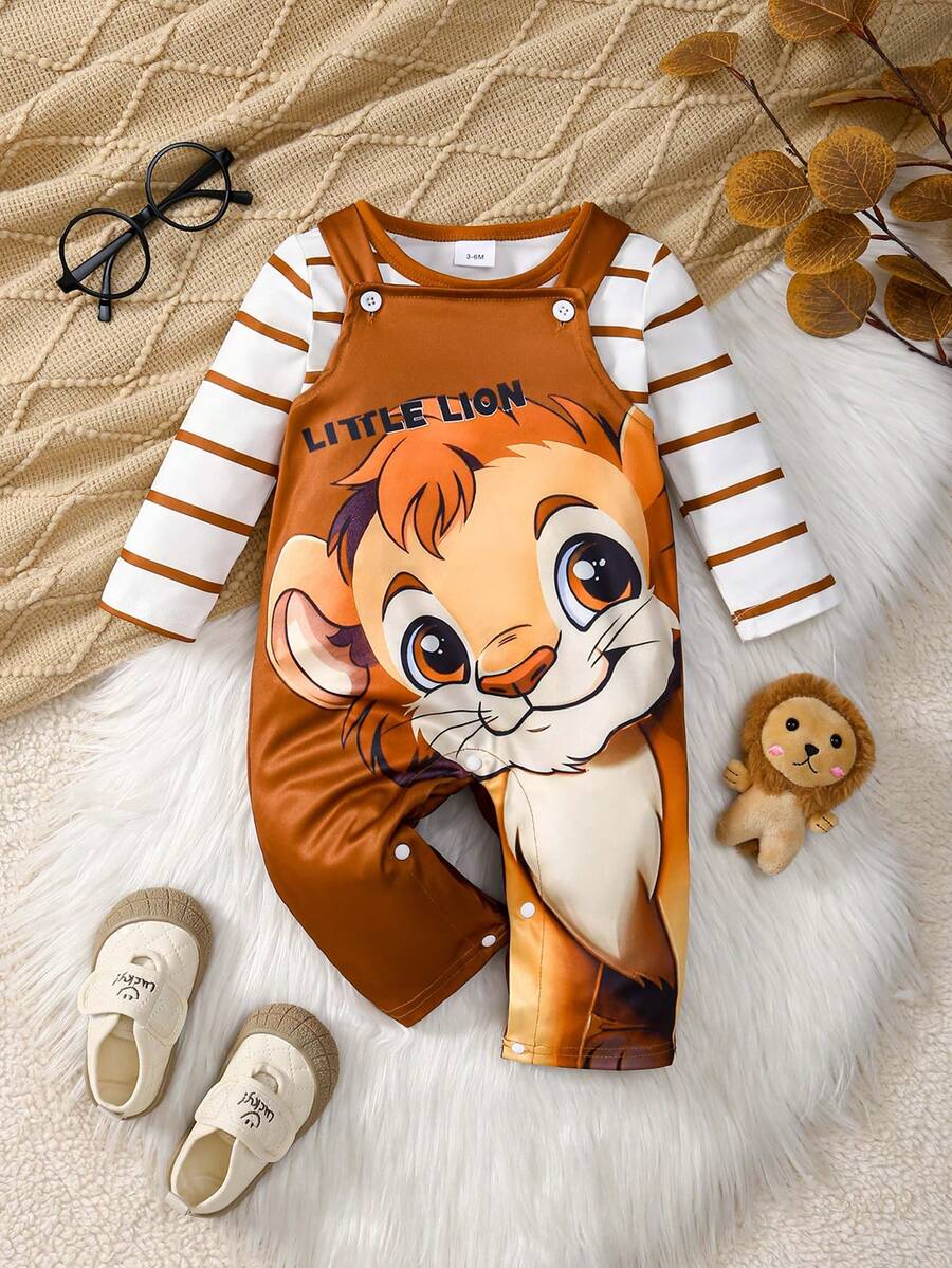 2-Piece Set For Baby Boys, Newborn Striped Long-Sleeve T-Shirt & Cartoon Little Lion Printed Overalls, Casual Cute Outfit For Spring And Autumn. - 棕色 - 查看 1