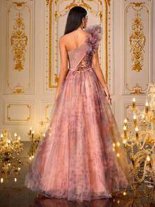 SHEIN X Hannahelzahed VIPGIRL SHEINXHannah sinnlicher einschwriger Farbverlauf Blumen Abendkleid für Frauen, Tüll Ballkleid mit Rüschendetails und hohem Schlitz, elegantes bedrucktes Abendkleid, Farbverlauf Mesh Formelles Kleid, Frauen Formelle & Abendkleider, Partykleid, Brautgast - Verschiedenfarbig - Übersicht 3