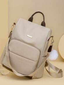 Ladies' Spliced Contrasting Casual Large Capacity Backpack, Simple And Versatile Shoulder Bag, Student Backpack, Mommy Bag, Commuting Bag, Suitable For Travel, Student Design, With Fur Ball Pendant - Beige - View 6