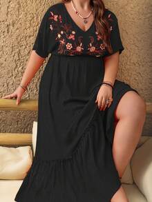 Rusttydustty Boho Kleid in Große Größen mit orangefarbener Blumenstickerei und Pailletten, perfekt für Ostern, Strand, Hawaii-Musikfestival und tropischen Urlaub - Schwarz - Übersicht 7