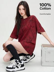 JUTU Loose Fit Round Neck Cotton T-Shirt, American Style, Casual Design, Craftsmanship, Women's Spring/Summer Tee - 0A41 Anchor Red - View 5