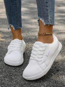 Large Size Women's White Wide Flat Sneakers Round Toe Fashionable Leather Stitching Lace-Up Wide Feet Comfortable All-Match Casual Shoes Vacation Travel