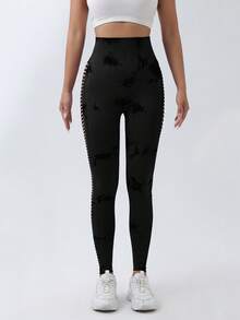 QGU  Women's High Waisted Abdominal Control Yoga Pants, Seamless Tie-Dye Hollow Out Leggings, Breathable And Quick-Drying Exercise Leggings, Hip Lifting Fitness Trousers, Side Hollow Out Design, Gym Exercise Clothing - 黑色 - 查看 2