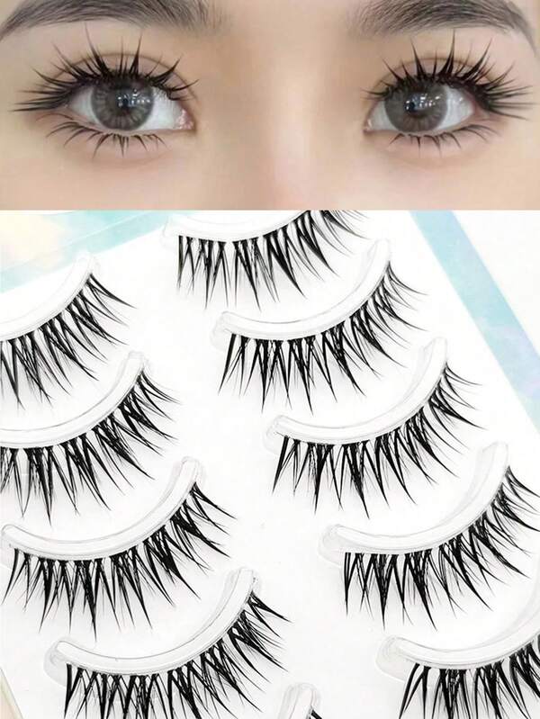 10 peças/5 pares de cílios postiços estilo desenho animado, cílios postiços em tiras completas, cílios inspirados em anime japonês, haste transparente de 10-14 mm, cílios grossos invisíveis