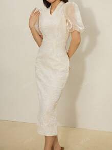 Women's Elegant 3D Floral V-Neck Puff Sleeve Dress, Spring/Summer, Party Dress, Prom Dress