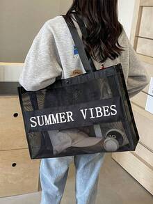 标语图案沙滩包 大容量网眼手提包